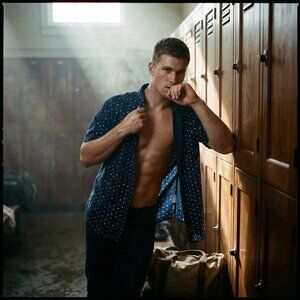 H&M Men L Shirt Navy Cotton Polka Dot Short Sleeve Button Down Essential Iconic